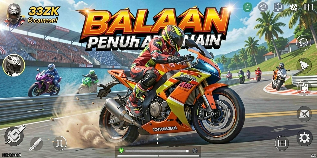 Tangkapan layar gameplay 33ZK dengan balapan motor yang mendebarkan.