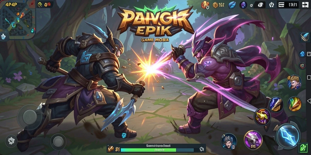 Tampilan dalam game MOBA 4P4P dengan aksi seru di arena.