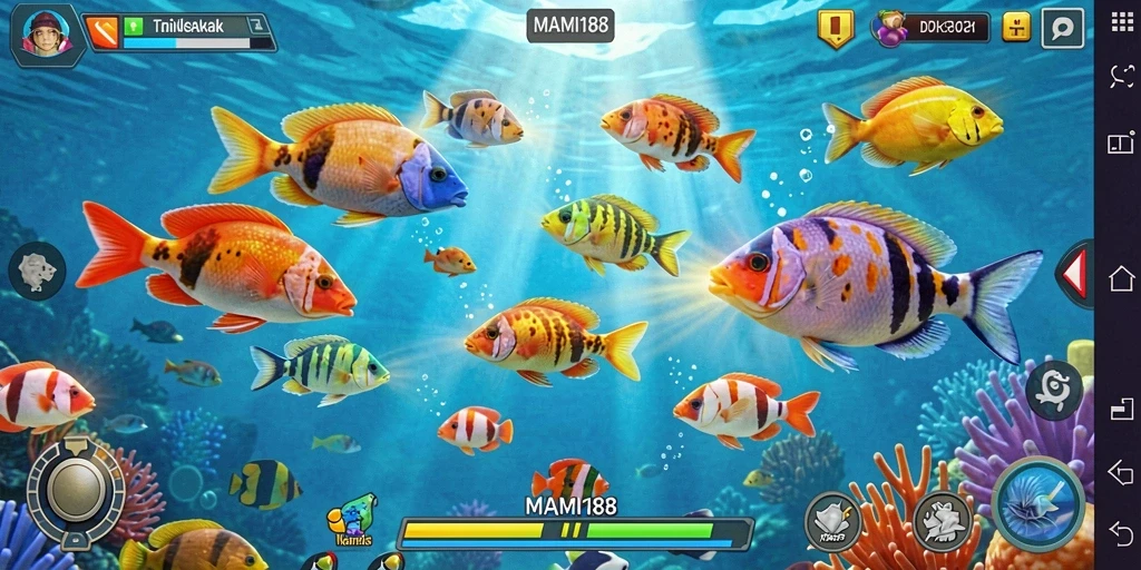 Screenshot dari gameplay MAMI188 yang menunjukkan aksi menembak ikan.