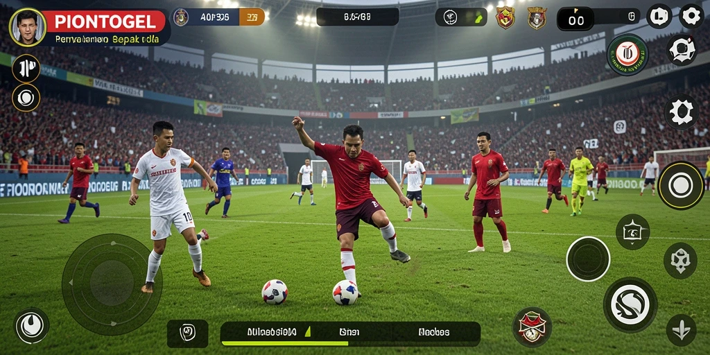 Screenshot gameplay yang menampilkan aksi sepak bola seru.