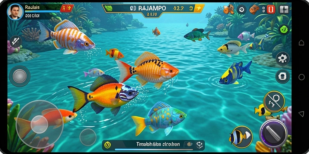 Screenshot RAJAMPO menampilkan aksi tembak ikan yang penuh warna dan menarik.