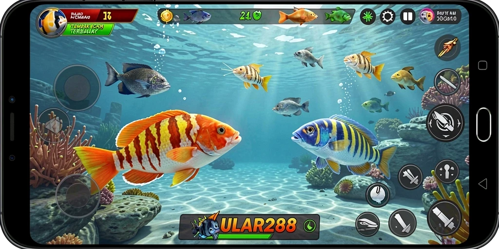 Tampilan gameplay Tembak Ikan yang menampilkan aksi penangkapan ikan.